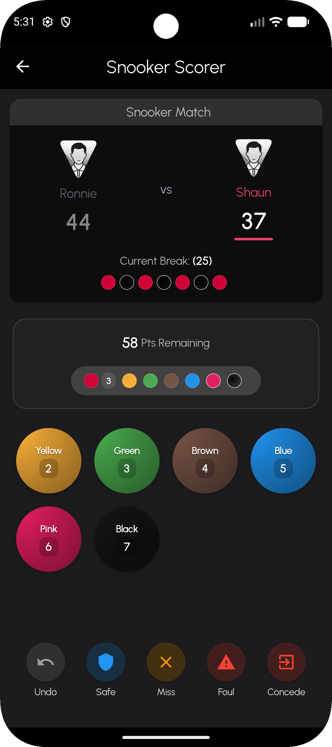 Live snooker scoreboard with colour buttons and remaining points indicator