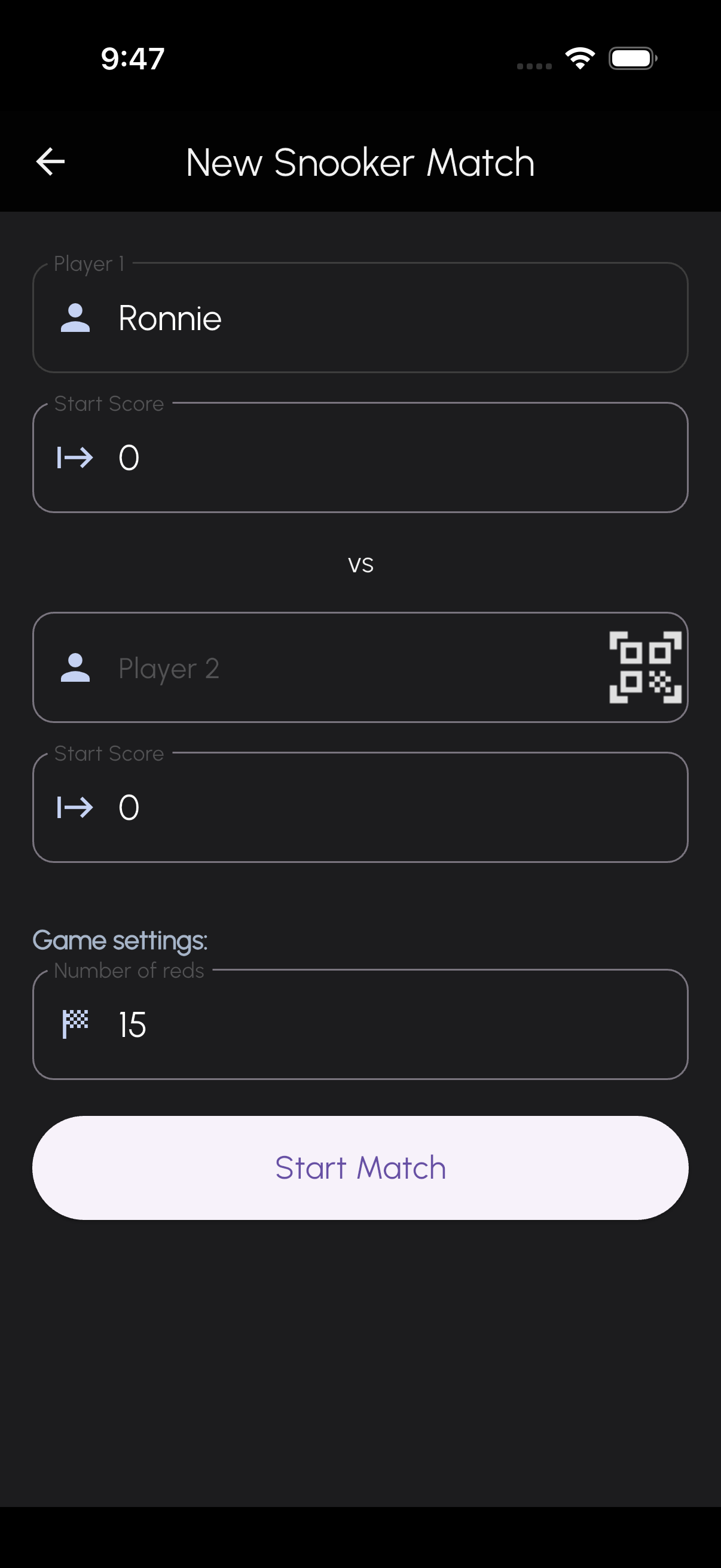 New snooker match setup screen with player names and reds selection